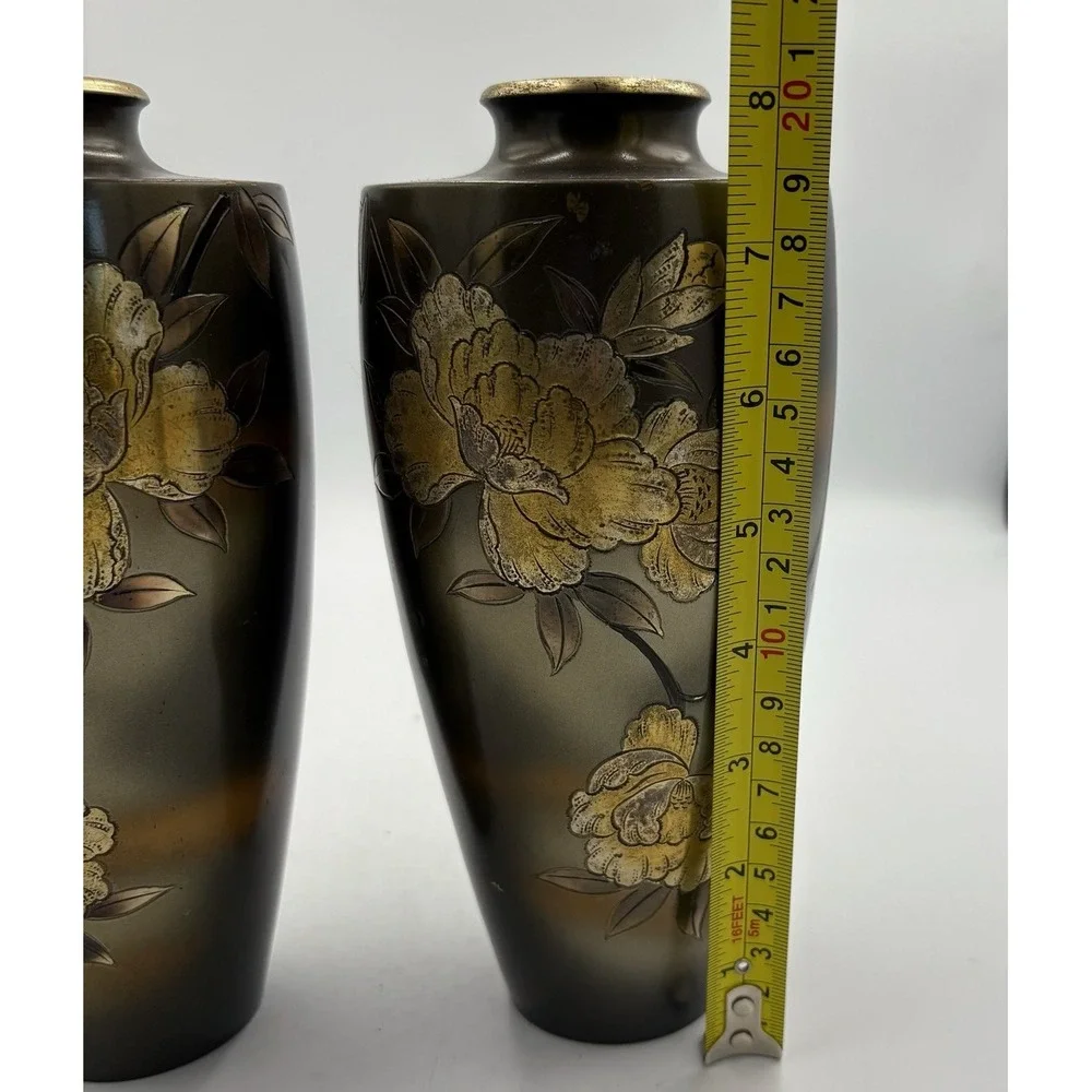 Pair Antique Japanese Brass Vases Signed‎ Ryubun 龍文 Gilt Floral Design 8
